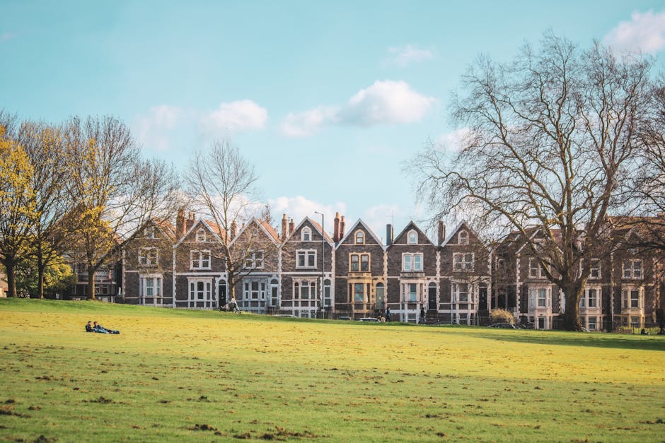 An open grassy area with a gentle slope, featuring a few people sitting on the grass and others walking along a pathway. In the background, there is a row of terraced Victorian-style houses with brick facades, white window frames, and decorative gables, situated directly behind a low white fence. Mature, leafless trees are visible on the right side, with some trees on the left displaying early spring foliage. The sky above is mostly clear with a few scattered clouds and bright sunlight illuminating the scene. The image depicts a peaceful residential neighbourhood that may be part of Clapham Common, suitable for context about home relocation or removal services provided by Man and Van Clapham, emphasizing moving logistics and outdoor surroundings during a house move.